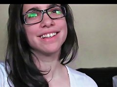 teen in glasses sucking and riding cock in pov amateur clip